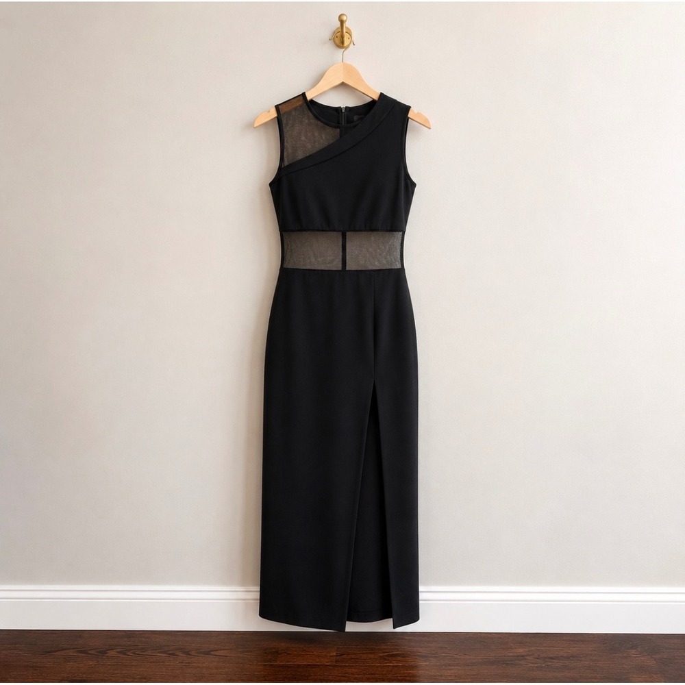 Betsy & Adam by Jaslene Black Mesh Cutout Sleeveless Maxi Dress with Slit 507